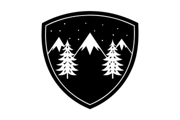 Fototapeta premium Night Sky Mountain and Forest Scene in Shield Logo