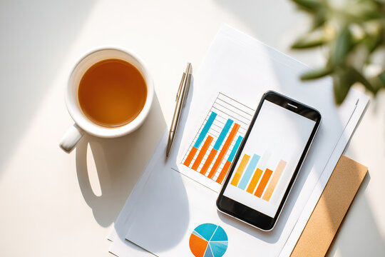 Clean white desk with coffee, smartphone, and financial charts during daytime