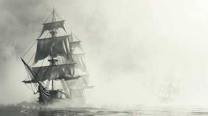 Fototapeta premium Ships glide through a quiet, misty sea with full white sails, fading into a soft grayscale horizon.