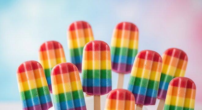 Colorful rainbow popsicles standing against a soft pastel background, vibrant and playful.