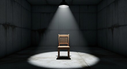 Empty wooden chair in dark room under spotlight, symbolizing absence and remembrance of victims