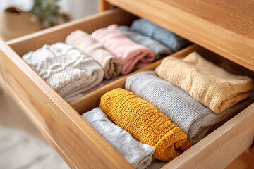Neatly folded clothes in a wooden drawer organized by color and style for efficient storage