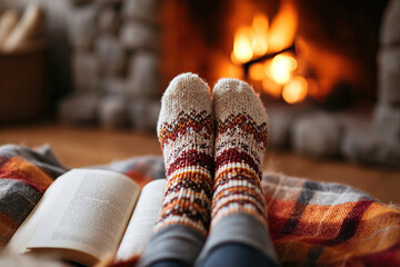 Socks warming by fireplace while relaxing with a book on a cozy evening