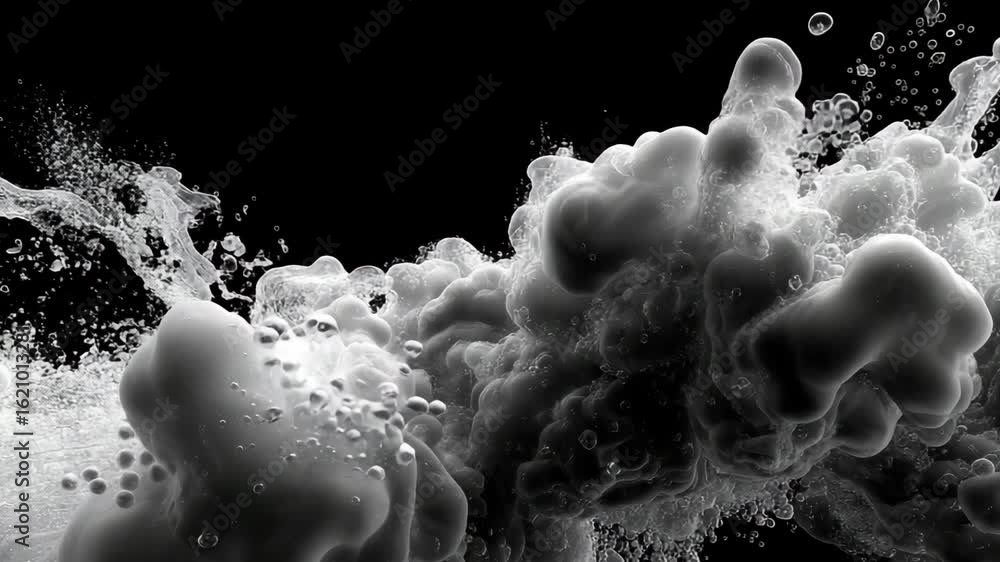 Poster mesmerizing movement of gray liquid and bubbles in a striking black and white display featuring intr