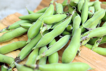 Close-Up of Fresh Broad Beans on Wood