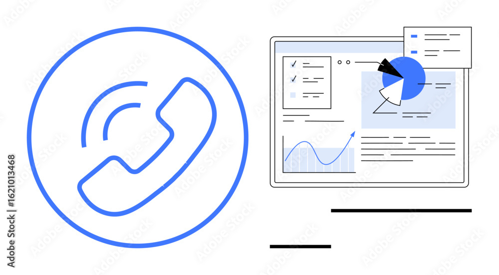 Aufkleber phone call icon next to an analytical dashboard with graphs, charts, and report elements. ideal for 