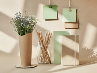 Minimal desk setup with ceramic vase, flowers, and green square sticky notes on white wall