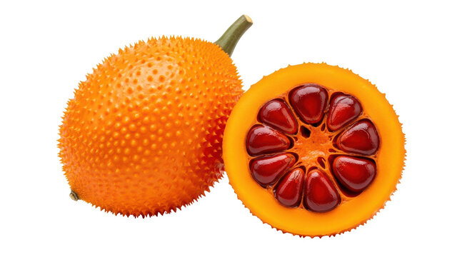 Isolated Gac Fruit and Half with Seeds