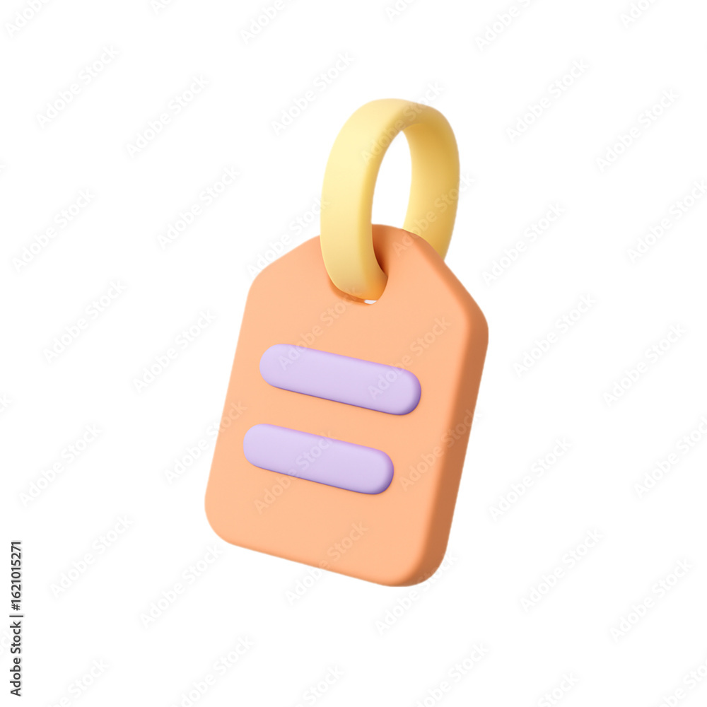 Poster 3d rendered orange tag with purple stripes and a yellow loop isolated on transparent background