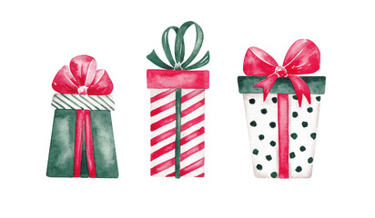 Christmas present box set hand drawn by watercolour. Traditional colours - green, red, white. Isolated on white. Design elements for Christmas, New Year card, banner, invitation