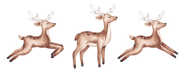 Flying deers set hand drawn by watercolor. Reindeers clip art for designing Christmas greeting card, banner, invitation. Isolated on white. Festive animals illustration