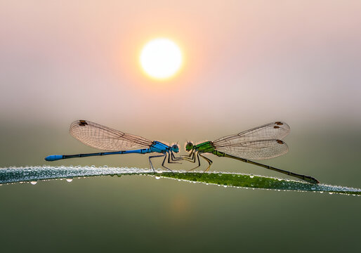 Two damselflies mating at sunrise, perched on a dew-covered blade of grass.