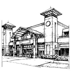 Vintage sketch of a shopping mall entrance with detailed architecture  