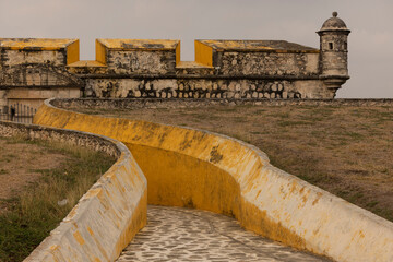 A historic Spanish Colonial fortification stands in Campeche, Mexico.