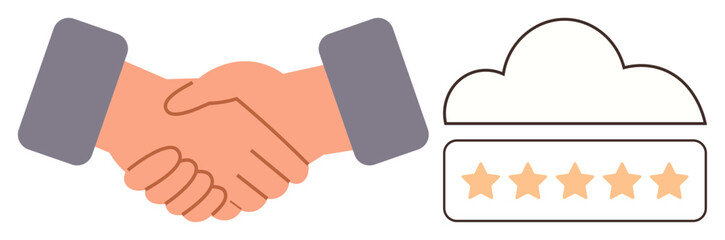 Handshake conveying trust alongside a cloud with a five-star rating. Ideal for business, partnership, trust, customer satisfaction, reliability, collaboration, and quality assurance. Simple flat