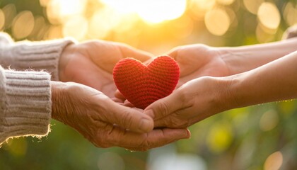 Golden Hour Generosity Elderly and Younger Hands Sharing a Knitted Heart.