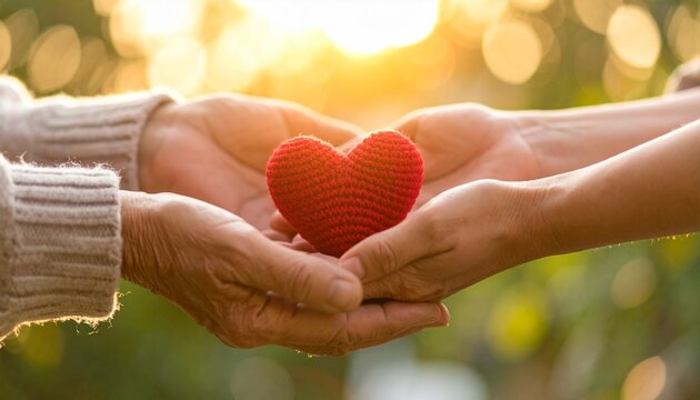 Golden Hour Generosity Elderly and Younger Hands Sharing a Knitted Heart.