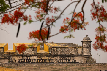 A historic Spanish Colonial fortification stands in Campeche, Mexico.