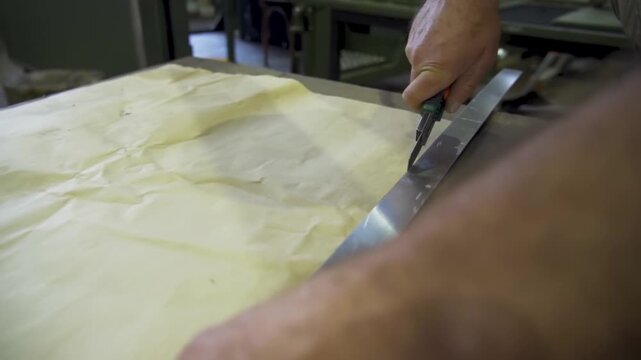 A man carefully cuts paper using a utility knife and metal ruler on a table. Close-up of hands during manual work, precision cutting process in workshop or office environment - Powered by Adobe