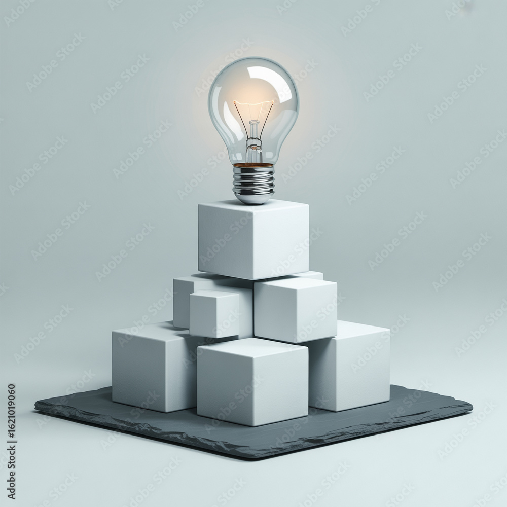 Aufkleber conceptual image of light bulb on top of a pyramid made of cubes symbolizing innovation and creative