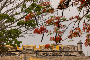 A historic Spanish Colonial fortification stands in Campeche, Mexico.