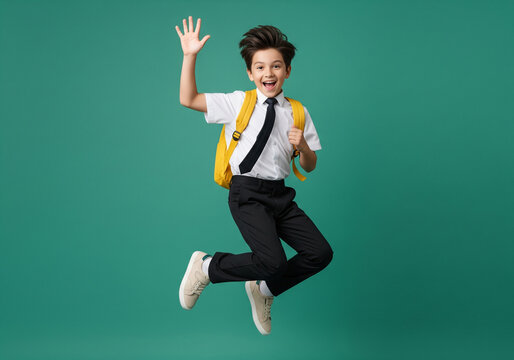 A cheerful young schoolboy in a white shirt, black tie, and black pant with yellow backpack jumps enthusiastically against a solid teal background.