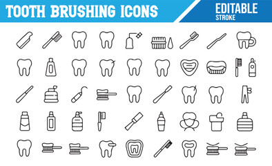 Set of Tooth Brushing Icons, Toothpaste, Brush, and Oral Care. Editable Stroke Vector Icons for Dental Hygiene, Tooth Cleaning, and Oral Health.