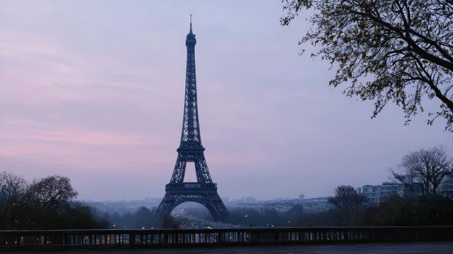 Parisian Sunrise Eiffel Tower Silhouette Against a Pink and Purple Sky