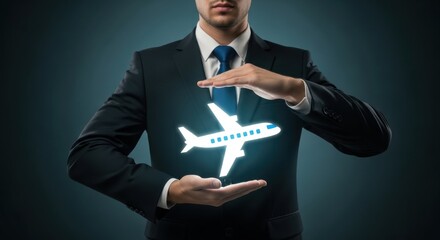 Professional businessman cradles glowing airplane symbol, representing secure travel and business opportunities