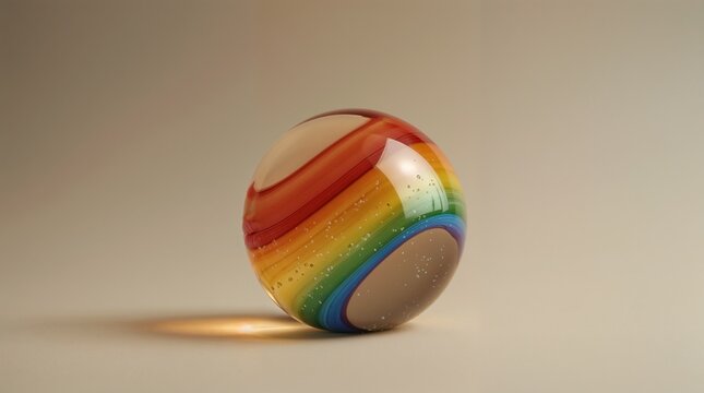 A vertical studio photo of a perfectly round, glossy marble resting on a smooth, light-colored surface. The marble is made of vibrant, swirling rainbow colors, including red, orange, yellow, green,etc