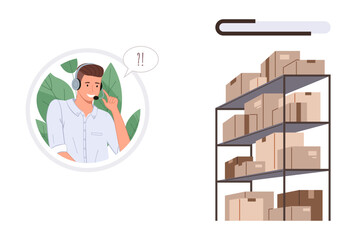 Customer service representative wearing a headset with speech bubble, next to a warehouse shelving unit filled with boxes. Ideal for logistics, customer service, e-commerce, inventory