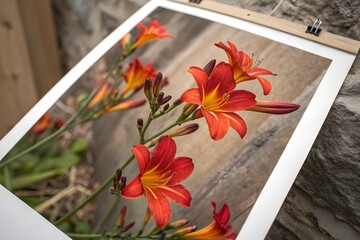 White Frame Orange Alstromeria Bouquet Flower Copmosition Arrangement Rustic Wooden Table