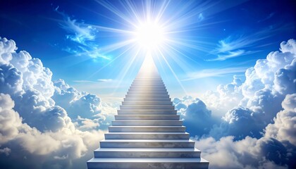 Stairway to Heaven White Steps Ascending Through Clouds to Radiant Light.