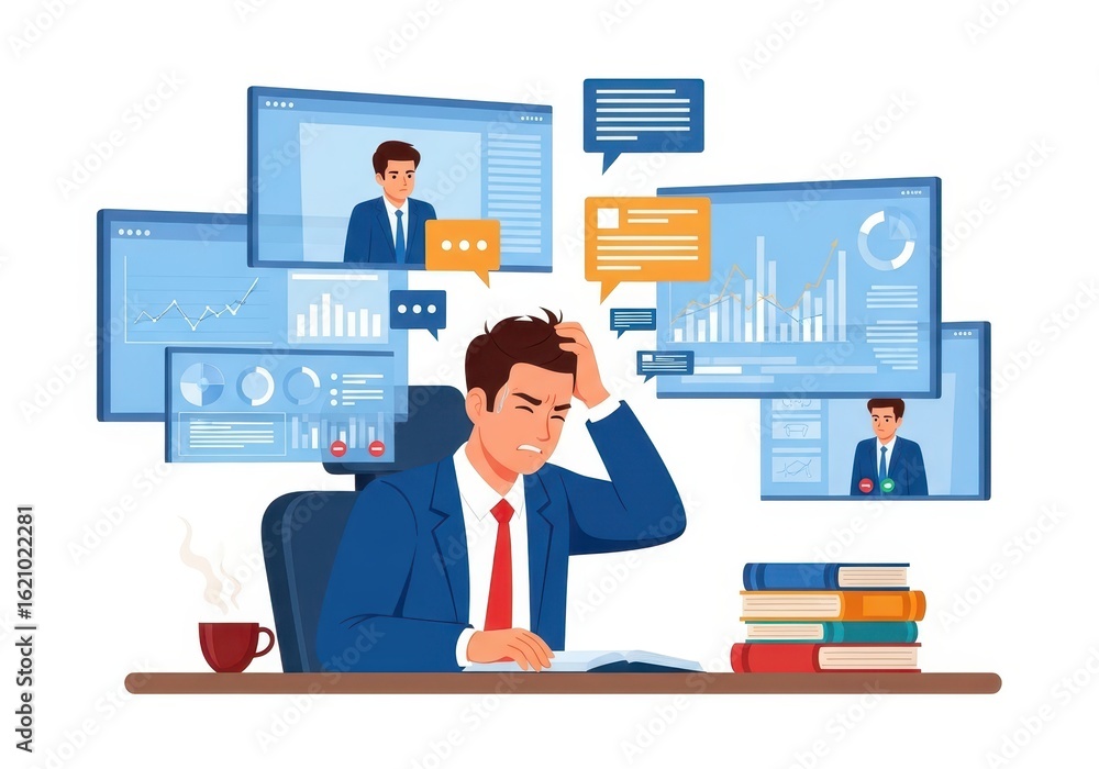 Poster flat illustration of a stressed businessman clutches his head while working late in an office with m