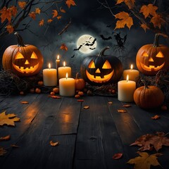 Fondo de Halloween con calabazas Jack-o'-lantern brillantes y velas sobre una mesa de madera oscura, con espacio para texto en el primer plano y una luna llena de fondo.