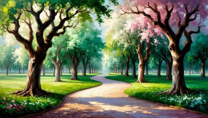 Obraz premium Serene park pathway surrounded by lush green trees in spring 