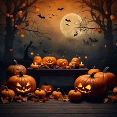 Paisaje espeluznante de la noche de Halloween con calabazas de terror, hojas de otoño volando y siluetas de murciélagos contra una luna llena brillante y grande.