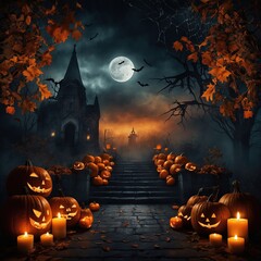Paisaje espeluznante de Halloween con un castillo gótico embrujado, escaleras de piedra y docenas de calabazas Jack-o'-lantern brillantes bajo una luna llena.