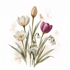 Beautiful watercolor floral arrangement featuring tulips and snowdrops on a soft background