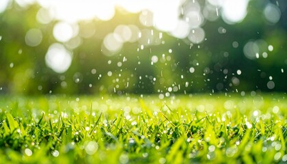 Obraz premium Sunlit Dewdrops on Lush Green Grass A Vibrant Spring Morning.