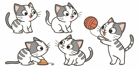 Fototapeta premium Cute Cartoon Cat Playing with Yarn and Toys
