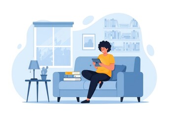 Fototapeta premium Flat illustration of a young woman relaxes on a comfortable blue sofa in a cozy living room, engrossed in her tablet with books nearby