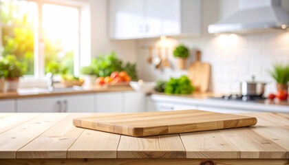 Sunlit Kitchen Wooden Cutting Board on Table Blurred Background.