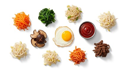 Vibrant Assortment of Bibimbap Ingredients Arranged Artfully Fresh Vegetables, Savory Meat, and a Perfectly Fried Egg on a Clean White Background, Ready for Delicious Preparation