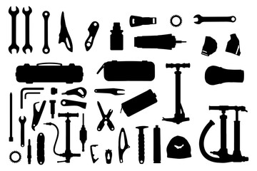 Fototapeta premium Bicycle Repair Tools Silhouette Set, Vector Bike Maintenance Equipment Icons, Black Toolkit Collection Isolated on White, Cycling Accessories