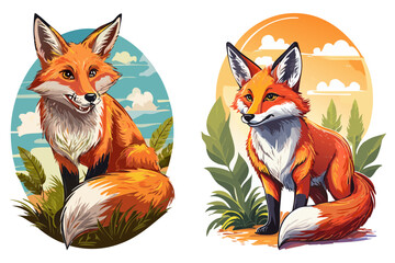 Red fox (Vulpes vulpes) Red sitting fox with puffy tail, Cute cunning forest animal, An illustration of a red fox with a white chest and tail sitting against a white background