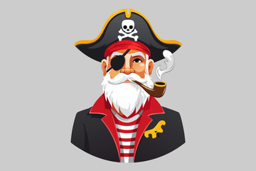 Old pirate captain with pipe, Pirate with hat sailor and Eye Patch and Beard, Bearded pirate captain with captain's hat and skull illustration, buccaneer,