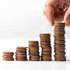 Hand placing a coin on top of a stack of coins showing growth on a white background