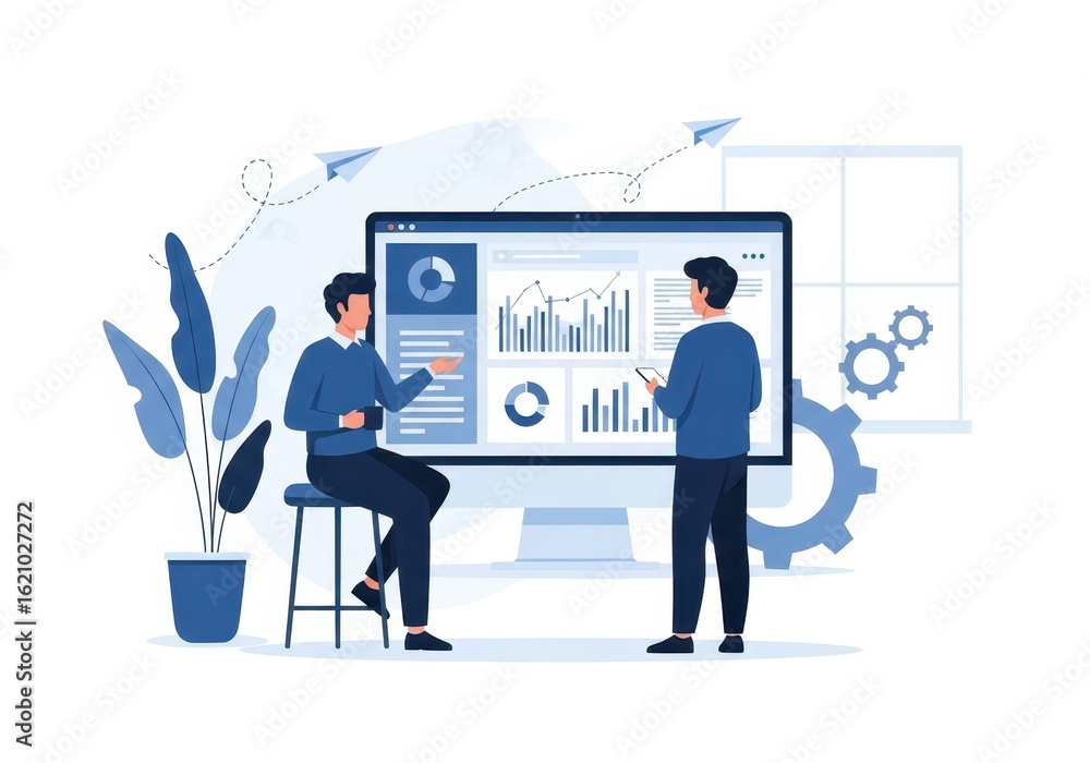 Poster flat illustration of two businessmen discuss financial data and analytics on a large computer screen