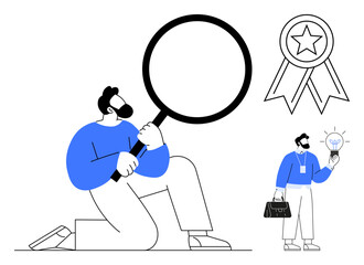 Person kneeling with large magnifying glass, award ribbon symbol, and standing business figure with idea lightbulb. Ideal for creativity, problem-solving, research, innovation, goal-setting